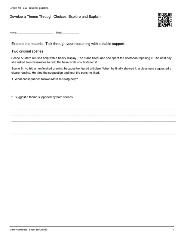Develop a Theme Through Choices: Explore and Explain: first student practice page