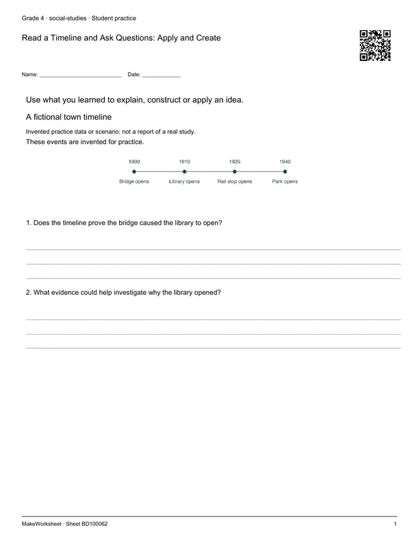 Read a Timeline and Ask Questions: Apply and Create: first student practice page