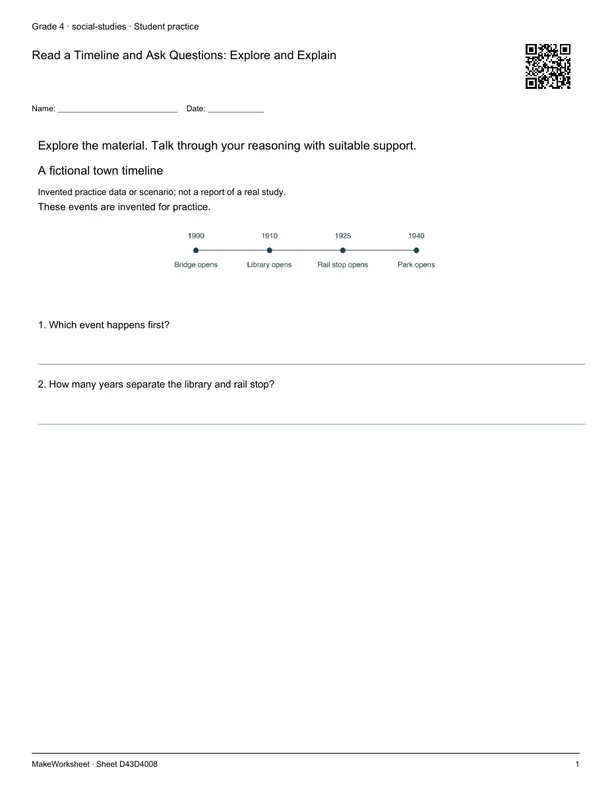 Read a Timeline and Ask Questions: Explore and Explain: first student practice page