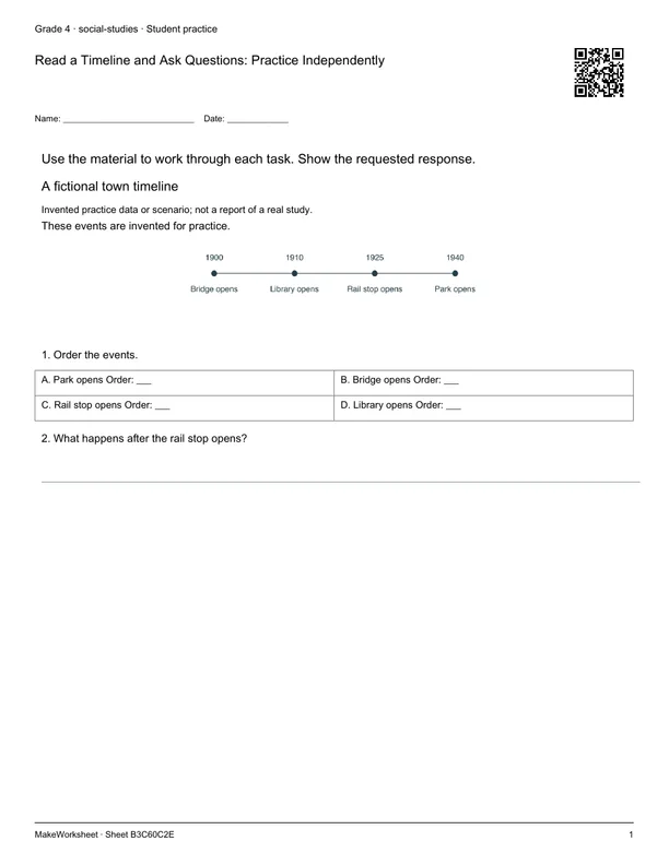 Read a Timeline and Ask Questions: Practice Independently: first student practice page