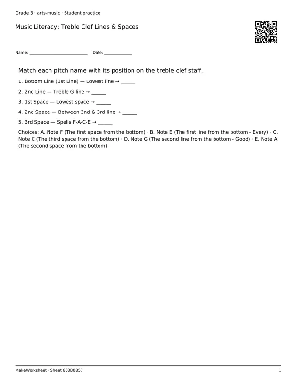 Music Literacy: Treble Clef Lines & Spaces: first student practice page