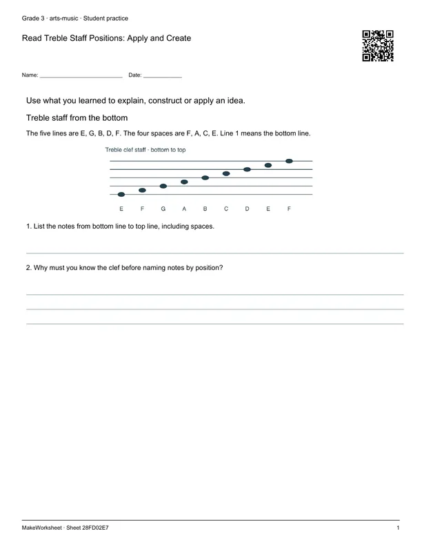 Read Treble Staff Positions: Apply and Create: first student practice page