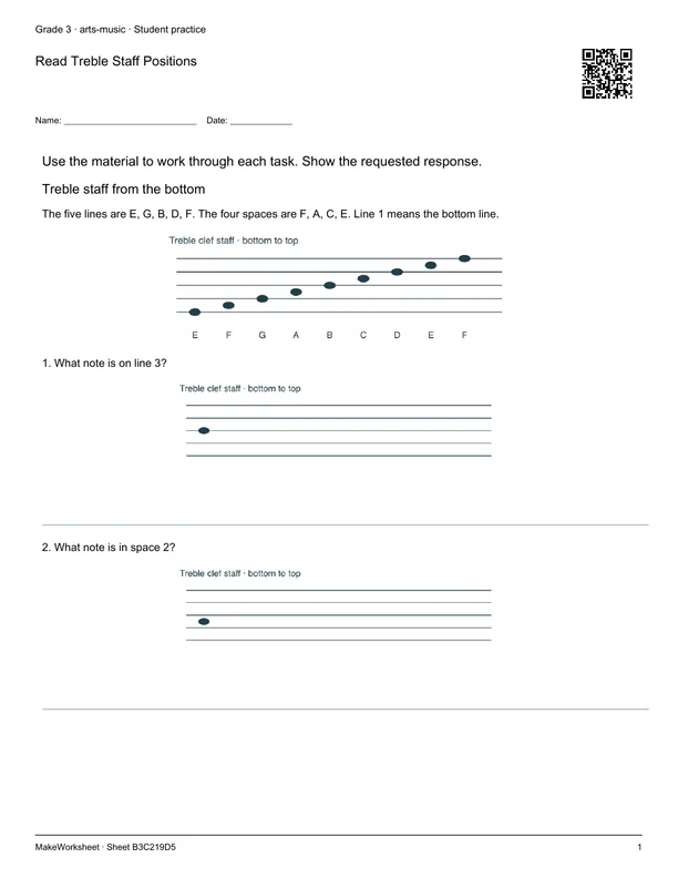Read Treble Staff Positions: first student practice page