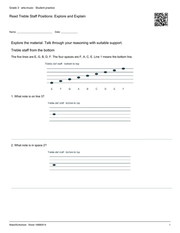 Read Treble Staff Positions: Explore and Explain: first student practice page