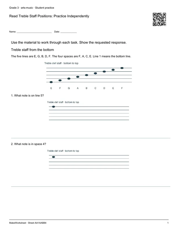 Read Treble Staff Positions: Practice Independently: first student practice page