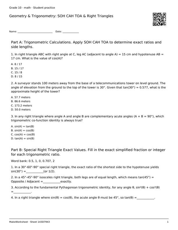 Geometry & Trigonometry: SOH CAH TOA & Right Triangles: first student practice page
