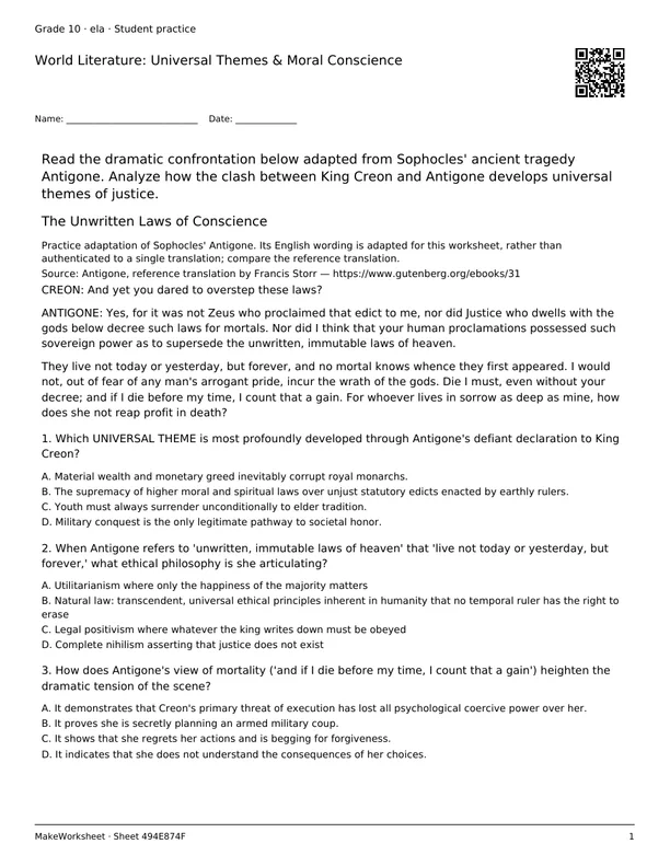 World Literature: Universal Themes & Moral Conscience: first student practice page