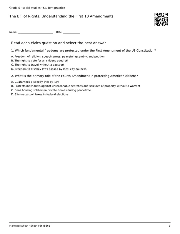 The Bill of Rights: Understanding the First 10 Amendments: first student practice page