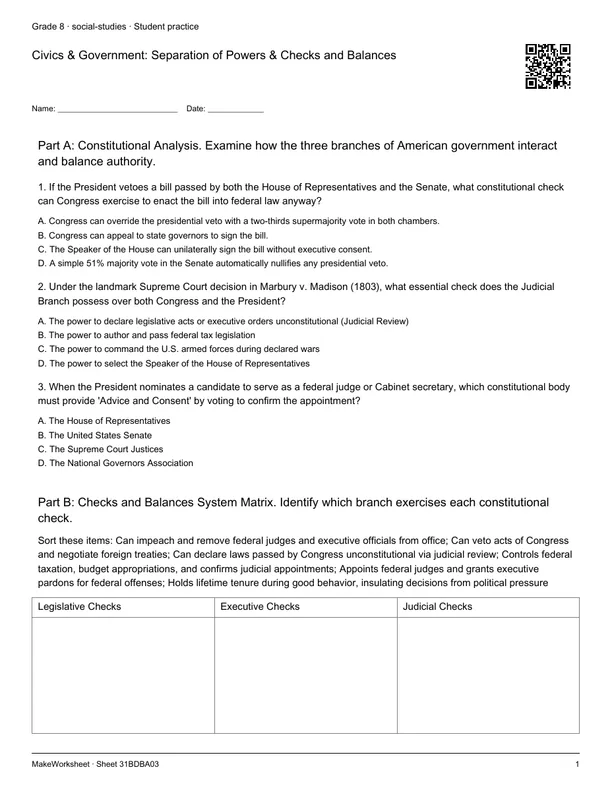 Civics & Government: Separation of Powers & Checks and Balances: first student practice page