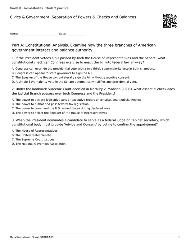 Civics & Government: Separation of Powers & Checks and Balances: first student practice page