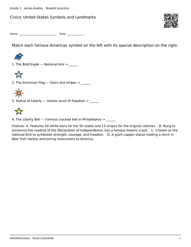 Civics: United States Symbols and Landmarks: first student practice page