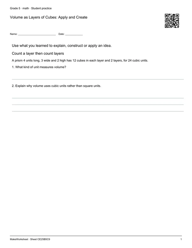 Volume as Layers of Cubes: Apply and Create: first student practice page