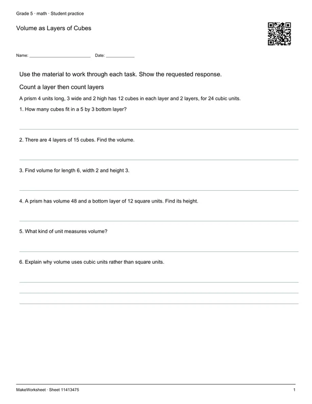 Volume as Layers of Cubes: first student practice page