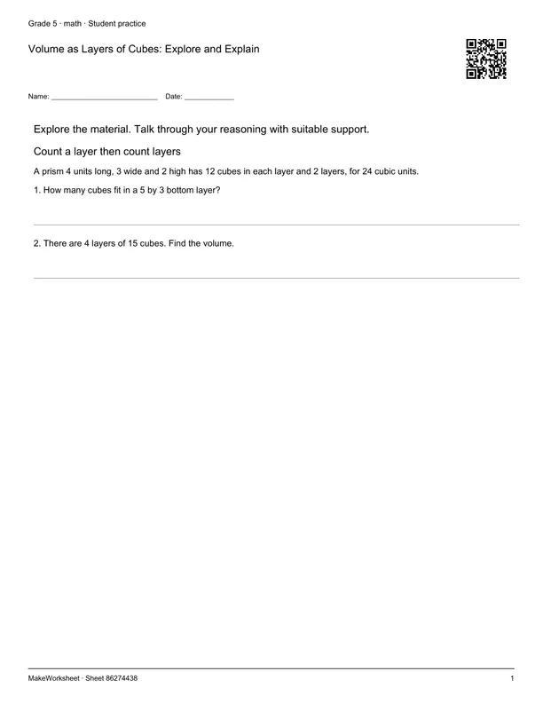 Volume as Layers of Cubes: Explore and Explain: first student practice page