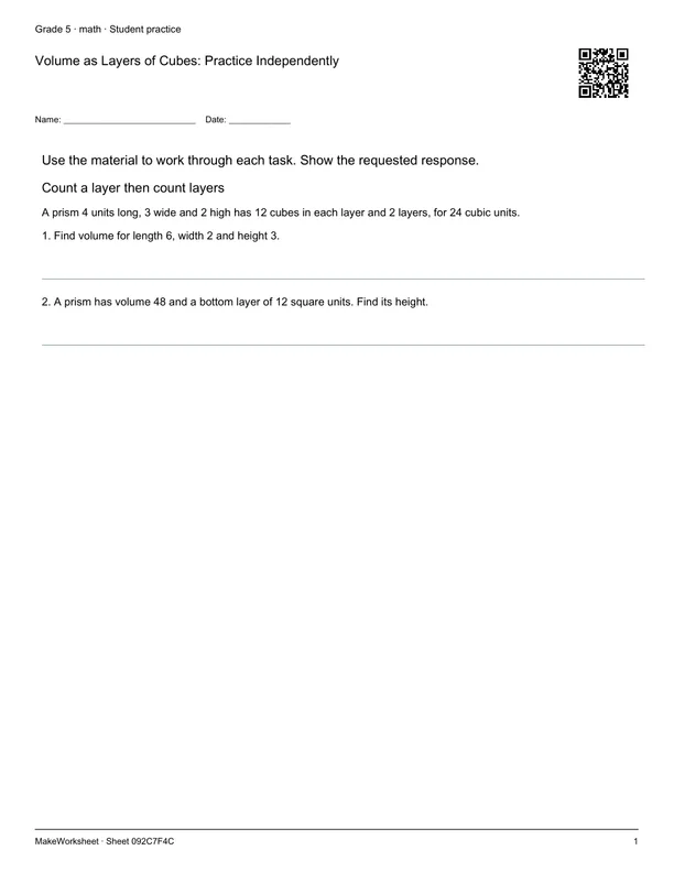Volume as Layers of Cubes: Practice Independently: first student practice page