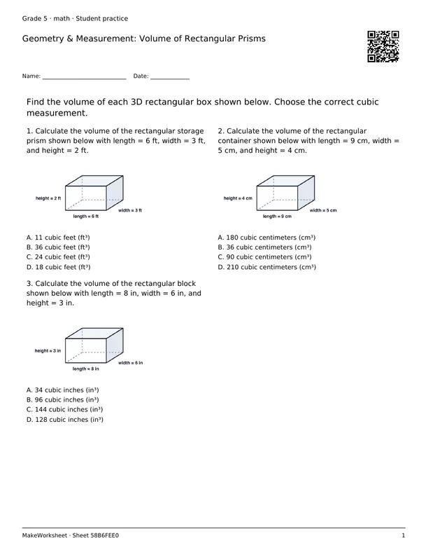 Geometry & Measurement: Volume of Rectangular Prisms: first student practice page