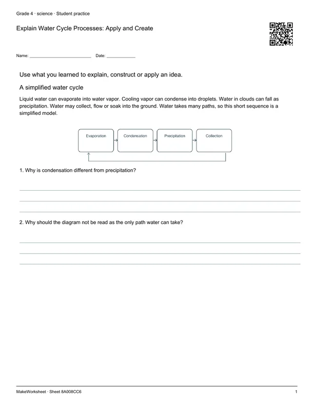 Explain Water Cycle Processes: Apply and Create: first student practice page