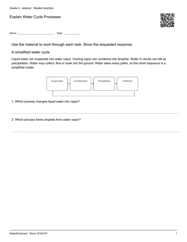 Explain Water Cycle Processes: first student practice page
