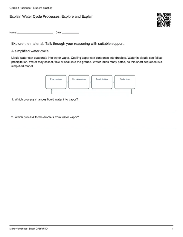 Explain Water Cycle Processes: Explore and Explain: first student practice page