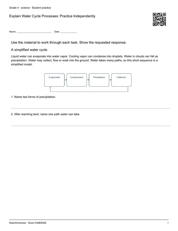 Explain Water Cycle Processes: Practice Independently: first student practice page