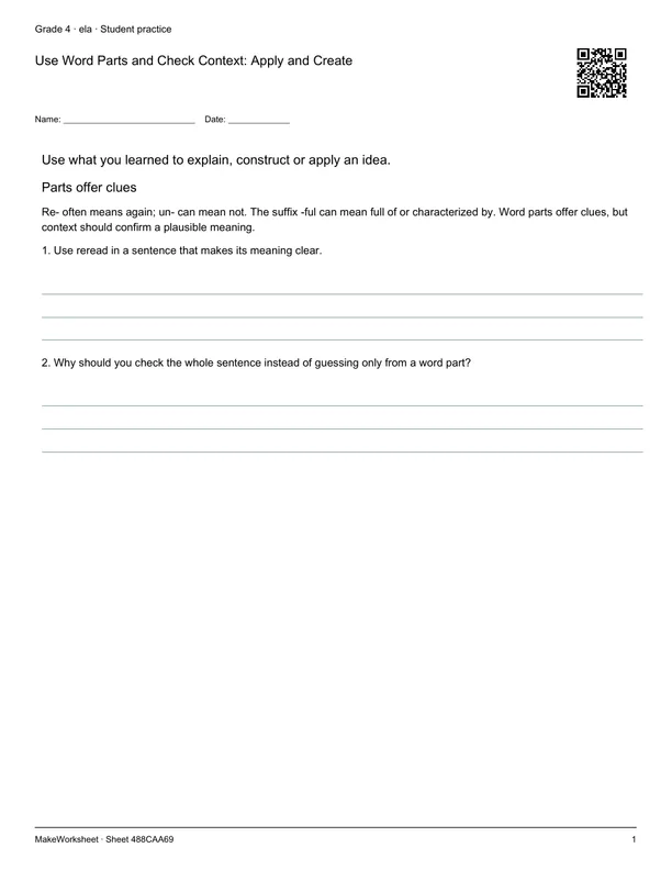 Use Word Parts and Check Context: Apply and Create: first student practice page