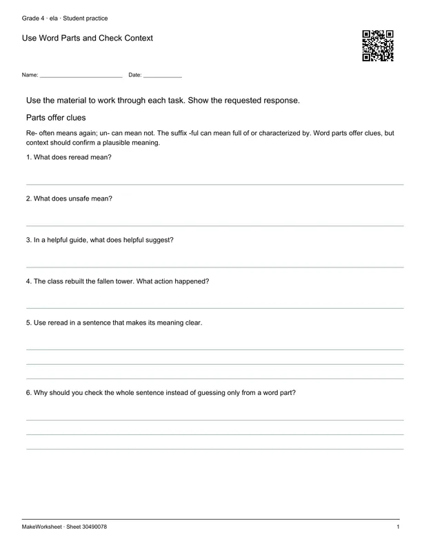 Use Word Parts and Check Context: first student practice page
