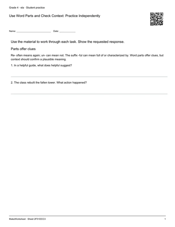 Use Word Parts and Check Context: Practice Independently: first student practice page